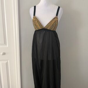 Vintage Henson Kickernick Sheer Black Nightgown Gold Metallic Bust M